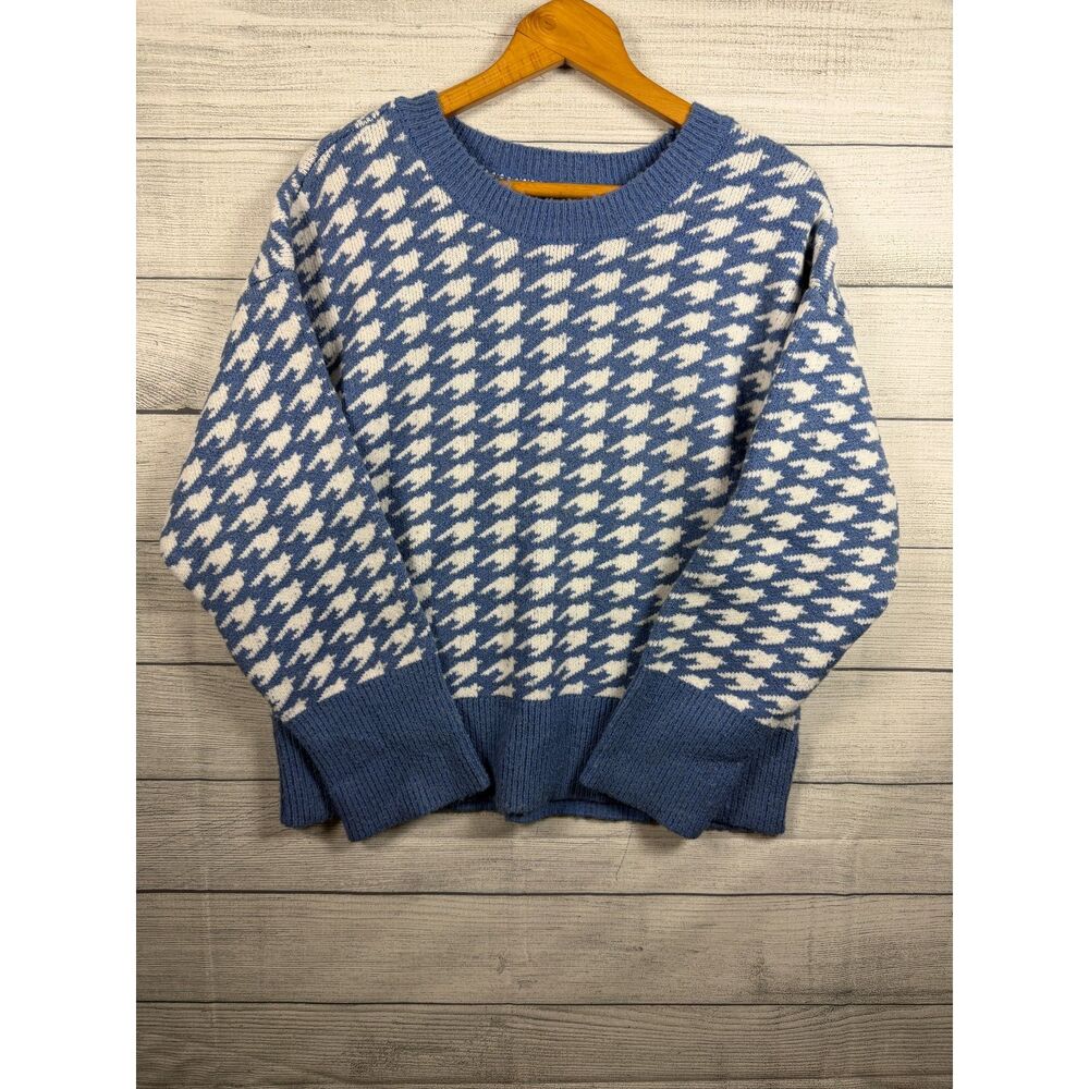 Berkley Jensen Women's XL Blue White Houndstooth Knit Pullover Sweater 0254